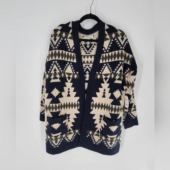 Lucky Brand Southwest Aztec Tribal Blue Beige Sweater Cardigan Size M New - Picture 1 of 7